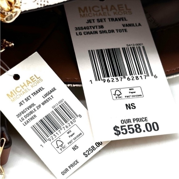 Michael Kors Large Chain Shoulder Bag & Double Zip Wallet Set Vanilla/Luggage - Picture 14 of 14